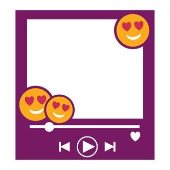 a purple frame with two emoticions and a play button png