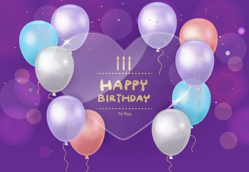 A purple background with a heart-shaped transparent card with birthday wishes written on it and surrounded by colorful balloons vector