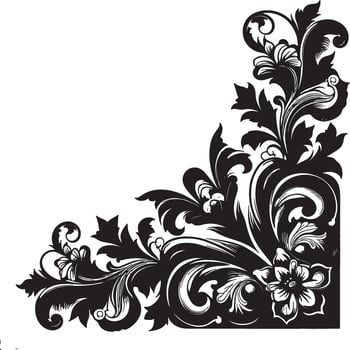 A black and white floral corner design with intricate swirls and detailed leaf patterns on white background vector