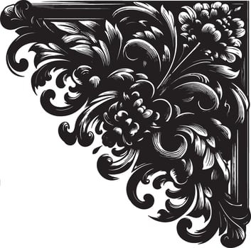 Ornate black and white floral design in corner with leaves and floral elements in engraving style vector