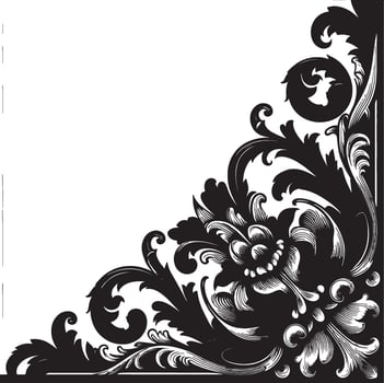An ornate black and white floral corner design with intricate swirls and a blank white space vector