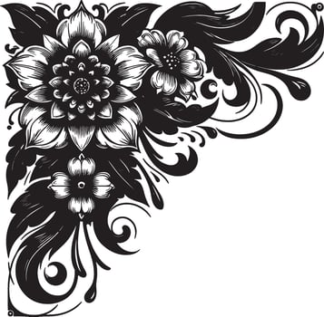 A black and white floral corner design with detailed petals and swirling leaf patterns illustration vector