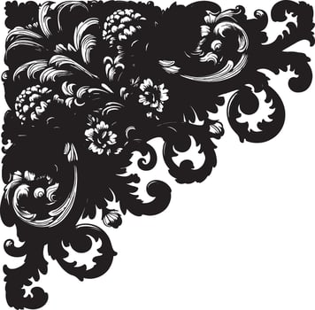 Detailed corner design featuring floral and foliate elements in black and white monochrome art vector