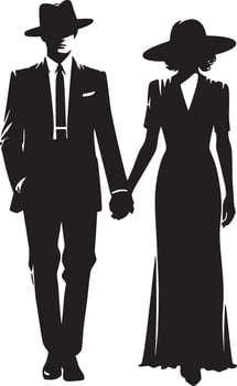 Silhouette of a man in a suit and hat holding hands with a woman in a dress and hat in black vector