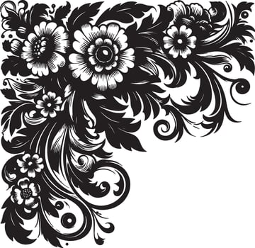A black and white floral corner design with flowers leaves and swirls on a white background vector