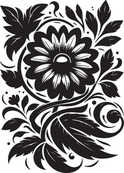 A monochrome floral design featuring a central daisy with swirling leaves and decorative elements around it vector