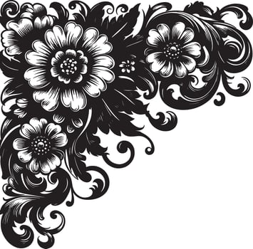 Ornate corner design featuring stylized flowers and swirling leaves in black and white illustration vector