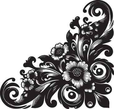 Ornate floral corner design with swirls and flowers in black and white on a white background vector