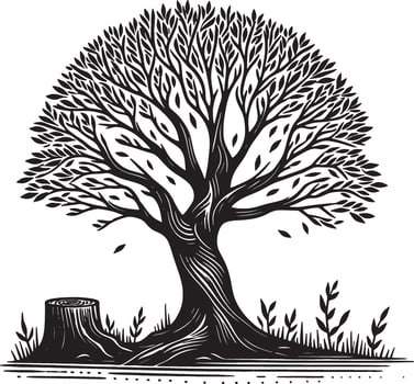 A detailed black and white illustration of a tree with a stump beside it in a minimalist style vector