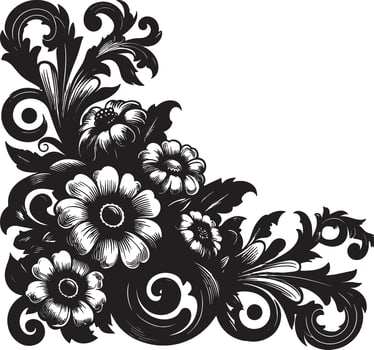 A black and white floral corner design featuring flowers leaves and decorative swirls and flourishes vector