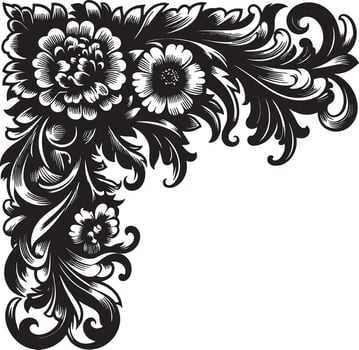 Corner floral design with blooming flowers and swirling leaves in black and white illustration vector
