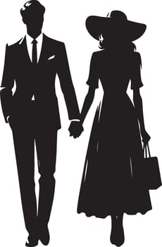 Silhouette of a man in a suit and a woman in a dress holding hands on a white background vector
