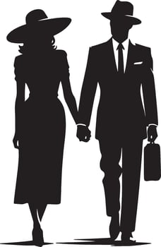 Silhouette of a stylish couple holding hands, the man in a suit and the woman in a dress and hat vector