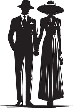 Silhouette of a stylish couple in vintage attire holding hands against a white background art deco style vector