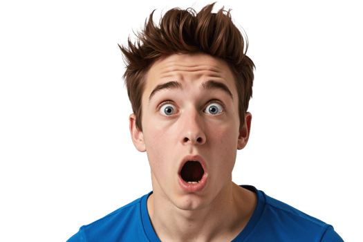 Young man with dramatic shocked expression on transparent background, close-up portrait of surprised male with brown spiky hair wearing blue shirt, exaggerated facial reaction of astonishment png