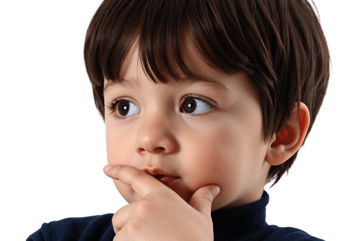 Thoughtful Young Boy with Hand on Chin in Contemplative Pose on Transparent Background png
