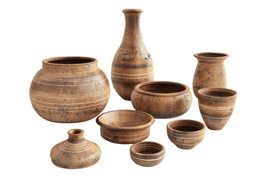 Ancient collection of clay pottery isolated on transparent background png