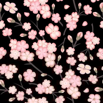 Spring seamless pattern with sakura branch flowers on black background. Pink flowers of Japanese cherry, or apple flowers. vector