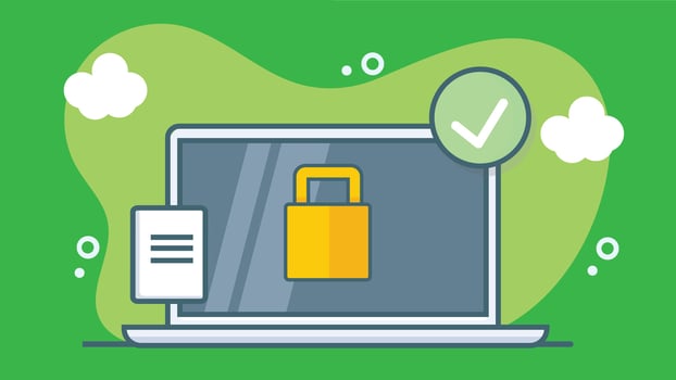 Stylized illustration of a laptop with a cyber security shield displayed on screen, symbolizing protection vector