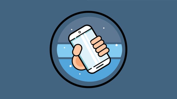Illustration of a hand holding a smartphone within a circular blue badge against a navy blue background. The icon represents mobile technology, apps, or digital communication. vector