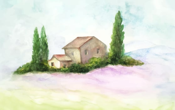 Watercolor illustration of a lavender field landscape in Provence, France, featuring a rural house and scenery. Hand-painted illustration. vector