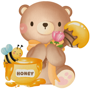 Cute Bear Honey Pot Bee Flower Teddy Bear with Honey and Bee Flower Cartoon Bear Honey Jar Bee png