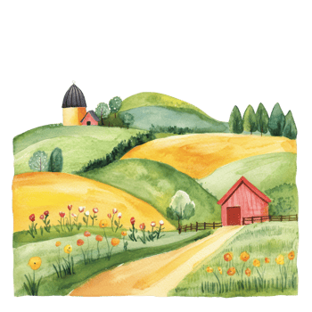 Watercolor farm scenery on transparent background. png