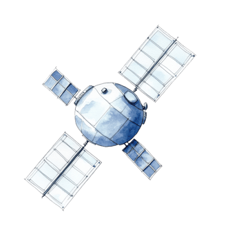 Satellite with solar panels on transparent background. png