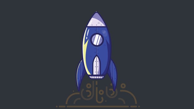 Cartoon style illustration of a rocket launching into the night sky with stars and smoke, capturing a playful and imaginative space exploration vector