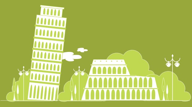 A stylized illustration showcasing iconic Roman architecture landmarks in Italy, including ancient ruins, classical columns, and arches vector