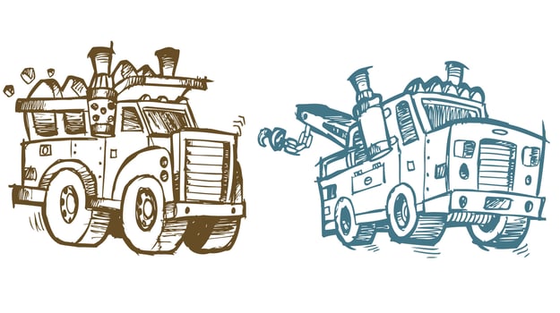 Old style sketch of a tow truck vehicle illustrated with vintage detailing and hand-drawn lines, evoking a classic automotive look vector