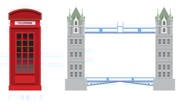 Illustration of the iconic London Bridge with a traditional British red phone cabin booth nearby vector