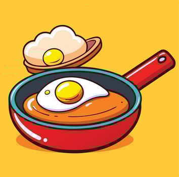 Cartoon Fried Egg In Pan Illustration On Yellow Background Delicious Breakfast vector