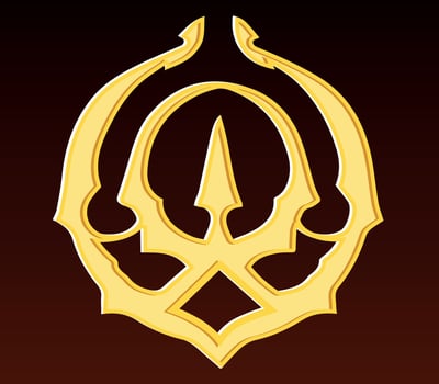 Golden Fantasy Emblem with a Sharp Symbol. A golden emblem with a sharp, symmetrical design on a deep brown background, resembling a medieval or fantasy-themed insignia. vector