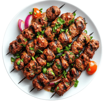 Meat skewers on a plate on transparent background png