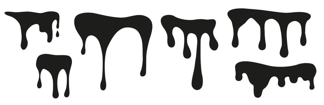 Melting paint in black color. Abstract liquid substance dripping and flowing. Set of runoff substance. vector