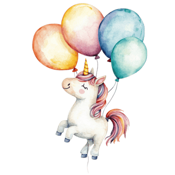 Unicorn with balloons art on transparent background png