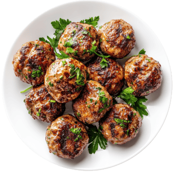 Plate of cooked meatballs on transparent background png