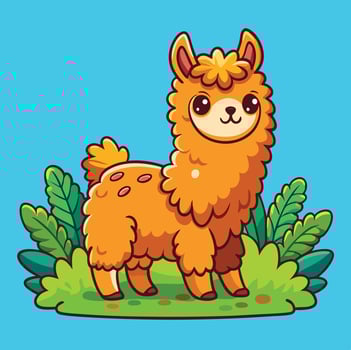 Adorable Cartoon Llama Character Standing On Green Grass With Leaves Illustration vector