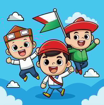 Cute Cartoon Children Celebrating National Day With Flag In Sky Background vector