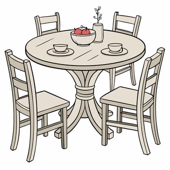 a wooden table with chairs and a bowl of fruit vector