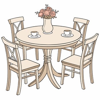 a round table with four chairs and a vase of flowers vector