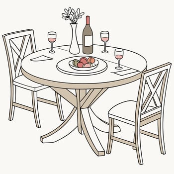 a drawing of a dining table with two chairs vector