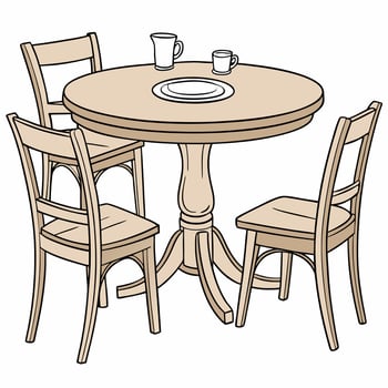 a wooden table and chairs with a cup and saucer vector
