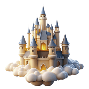 radiant distinctive A majestic castle floating in the clouds, soft, golden sunlight, dreamlike style png