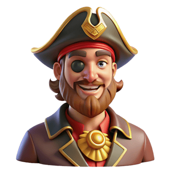 joyful sumptuous Portrait of a charismatic pirate captain with an eye patch, a tricorne hat, and a mischievous grin. Warm, golden lighting. Digital painting style premium png
