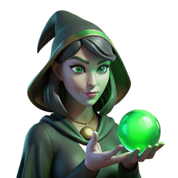 dazzling dramatic renaissance Portrait of a young witch with glowing green eyes, flowing black hair, and holding a crystal ball. Dark, mystical lighting. Digital painting style top tier png