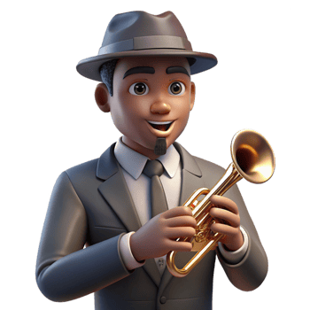 extraordinary melancholic mid century Portrait of a jazz musician with a trumpet, wearing a fedora and a pinstripe suit. Warm, smoky nightclub lighting. Art Deco style crisp png