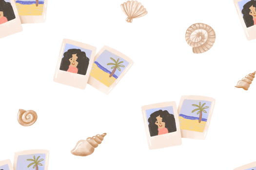 Summer holidays seamless pattern with photo memory, shells. Hand drawn watercolor background png