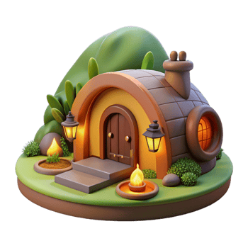 magnificent mysterious coastal A cozy hobbit hole built into a hillside, warm firelight, idyllic setting, whimsical style, intricate details, high resolution png